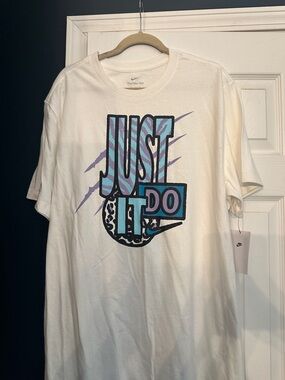 NEW!!Nike White Short-Sleeve 'Just Do It' Graphic Tee with Blue & Purple Accents